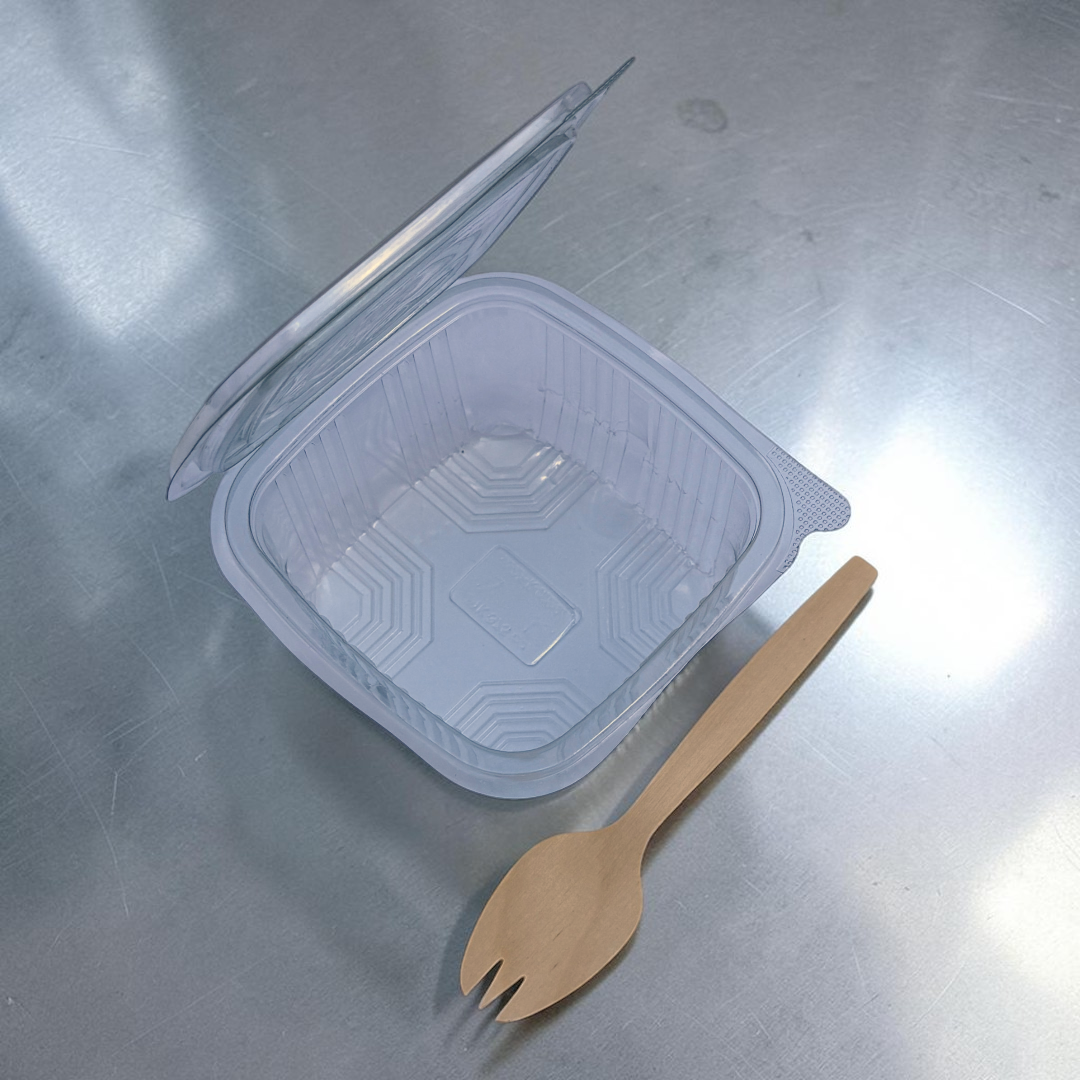 13oz Square PET Clear Hinged Plastic Container 85x80x50mm 375ml Open - Propus Packaging
