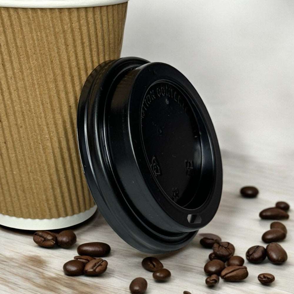 Ripple Wall 8oz Paper Cup Beige/White With Black Sip Lid Lifestyle - Propus Packaging