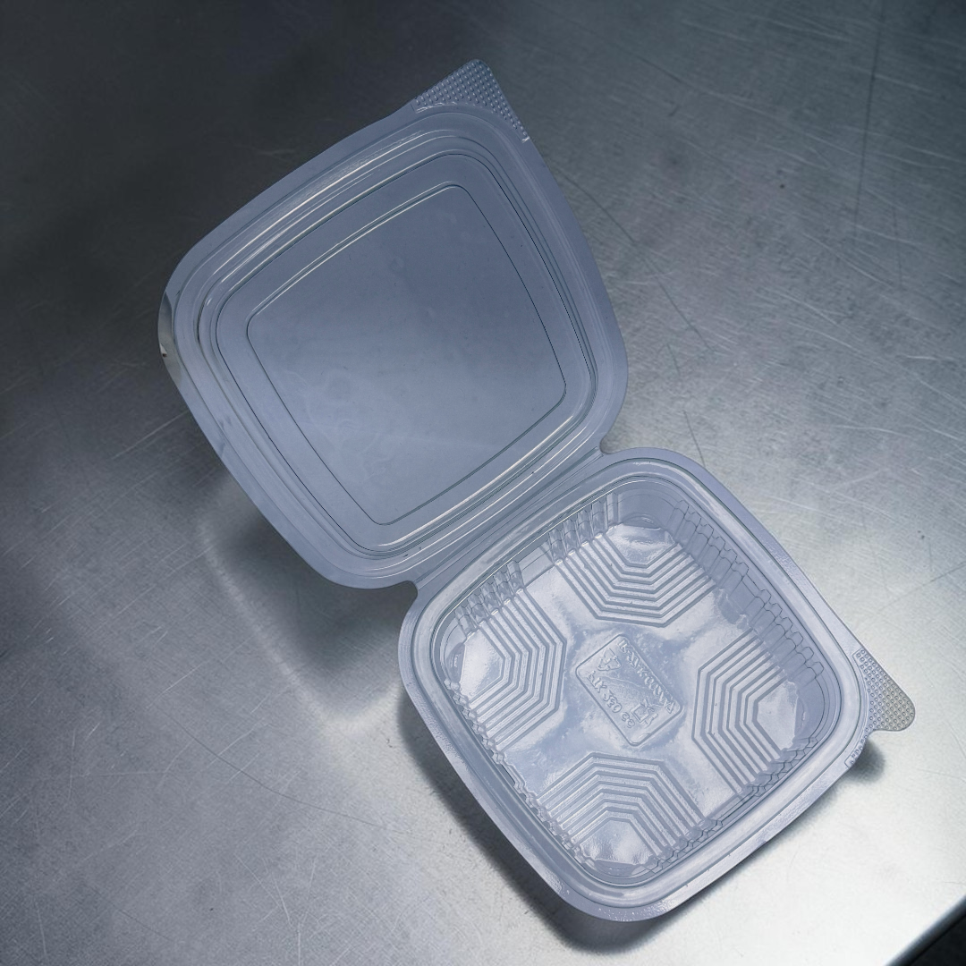 8oz Square PET Clear Hinged Plastic Container 90x85mm 250ml Open - Propus Packaging
