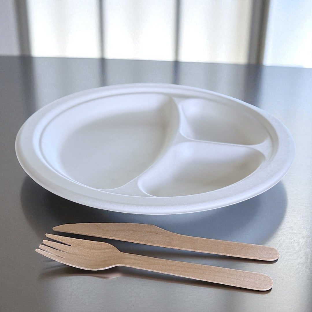 Bagasse 10" Round Plate With 3 Compartments Side - Propus Packaging