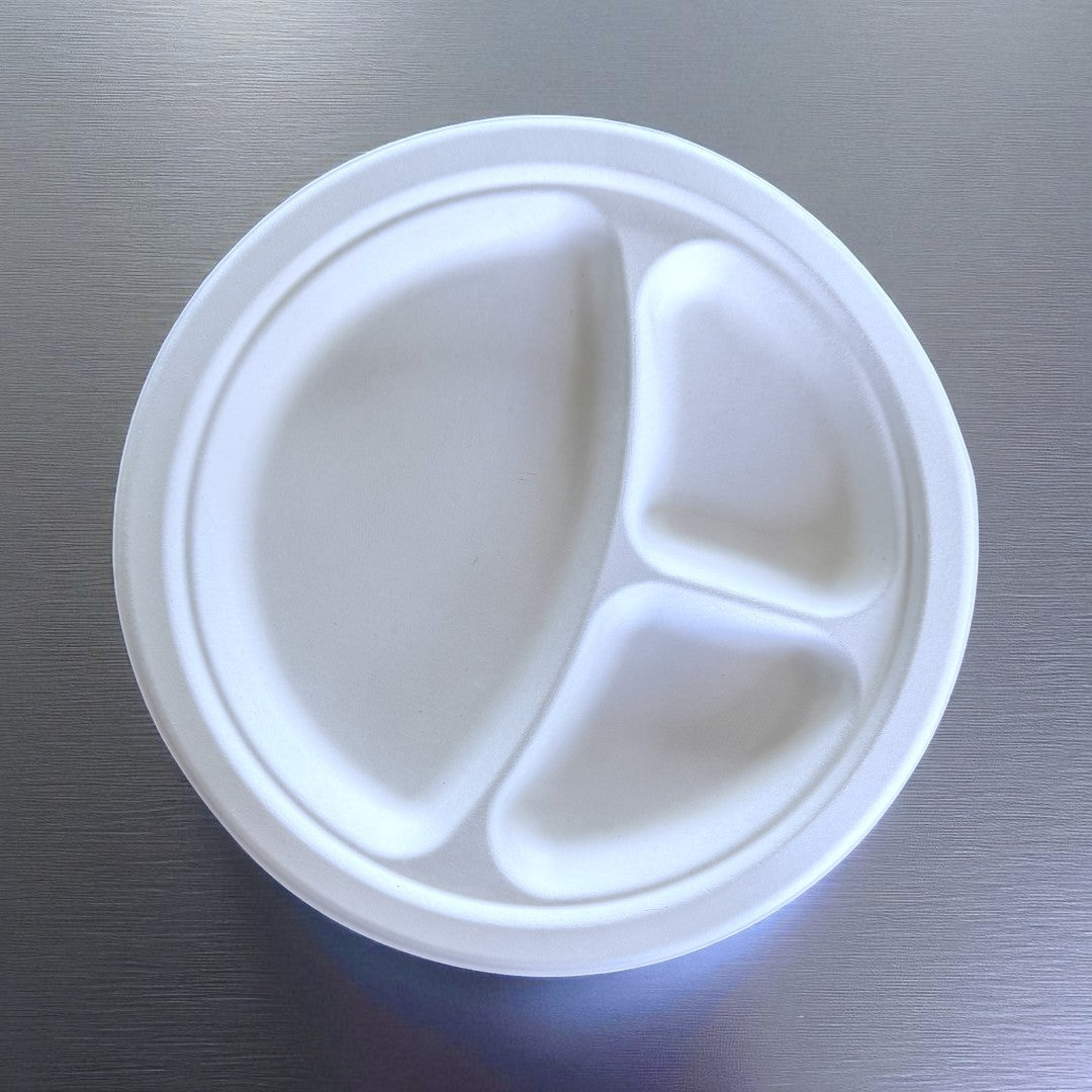 Bagasse 10" Round Plate With 3 Compartments Overhead - Propus Packaging
