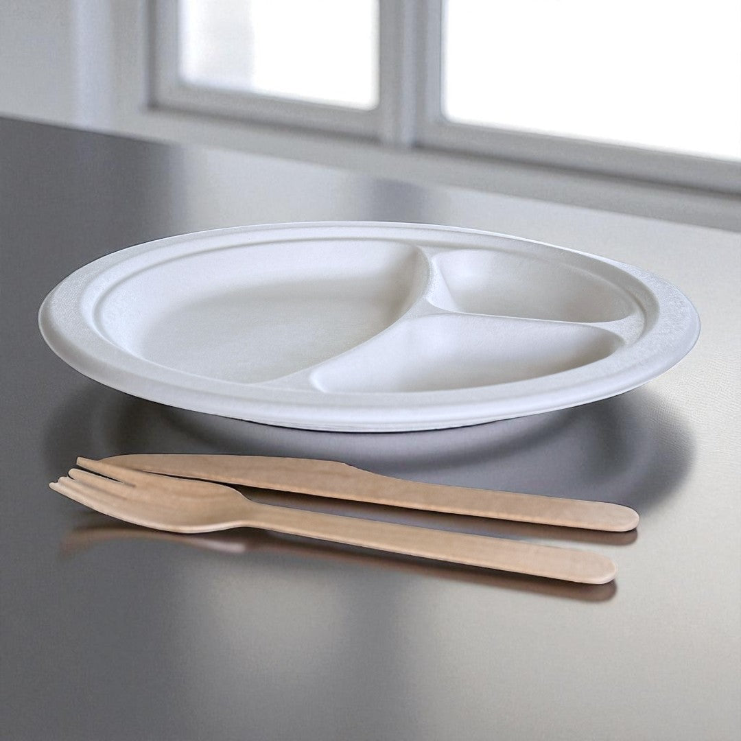 Bagasse 10" Round Plate With 3 Compartments - Propus Packaging