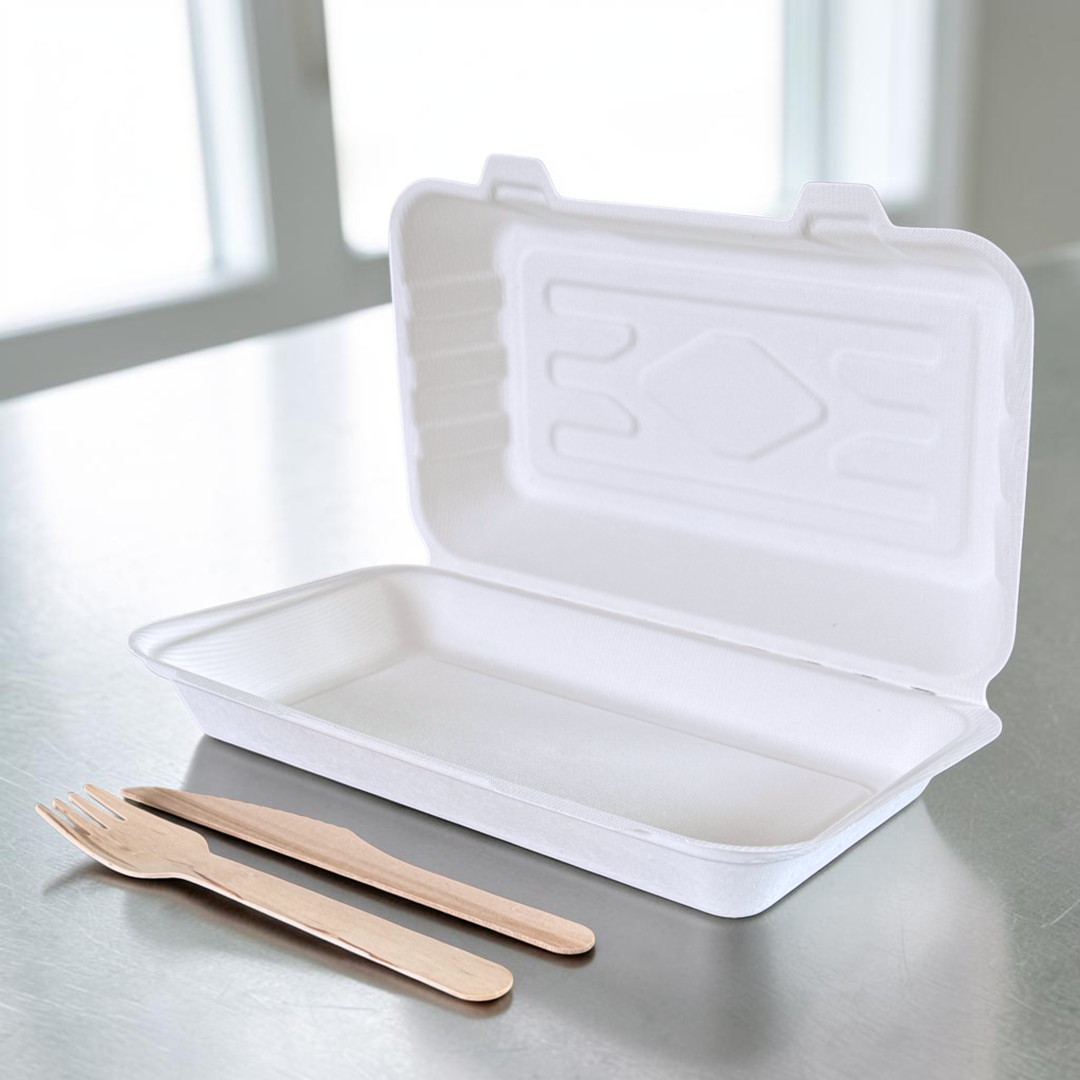 Bagasse 10x6" Clamshell Meal Box 250x155x60mm Open - Propus Packaging