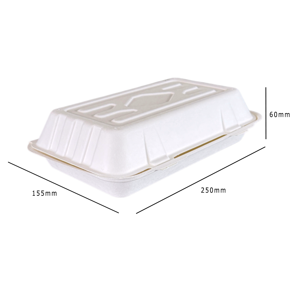 Bagasse 10x6" Clamshell Meal Box 250x155x60mm Dimensions - Propus Packaging