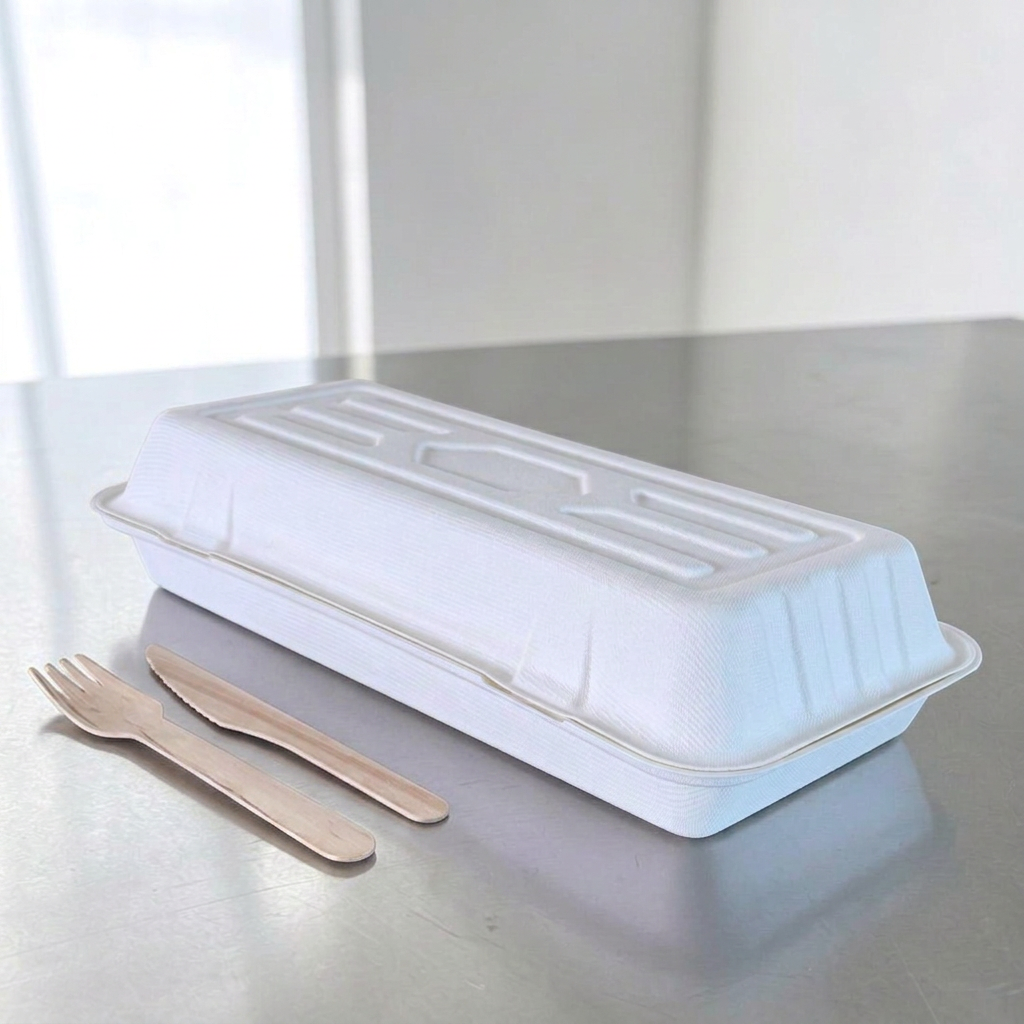 Bagasse 13x6 Clamshell Meal Box 330x155x60mm Closed - Propus Packaging