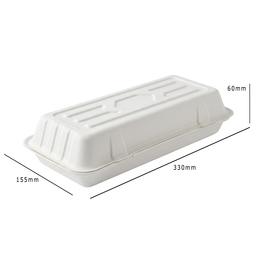 Bagasse 13x6 Clamshell Meal Box 330x155x60mm Dimensions - Propus Packaging