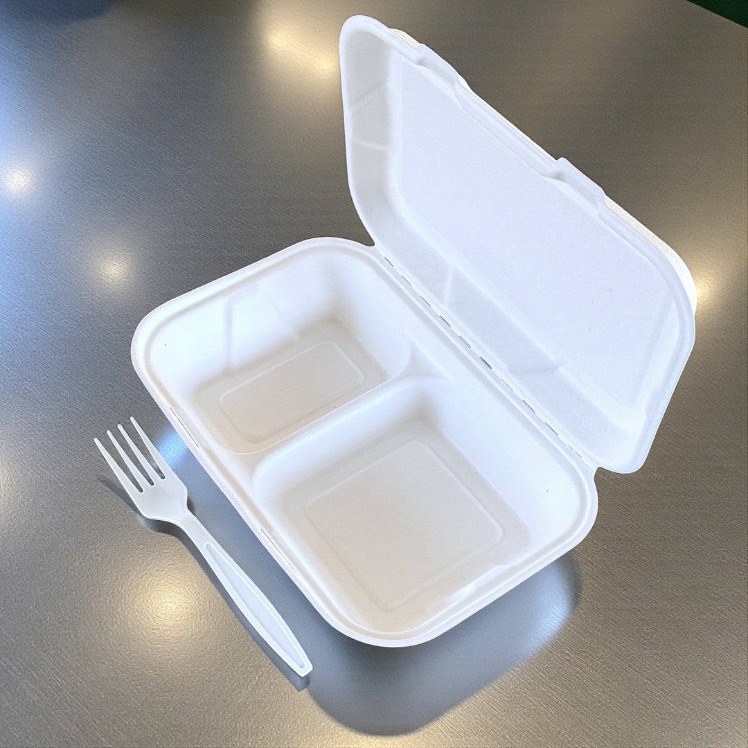 Bagasse 9x6" Clamshell Box With 2 Compartments Overview - Propus Packaging