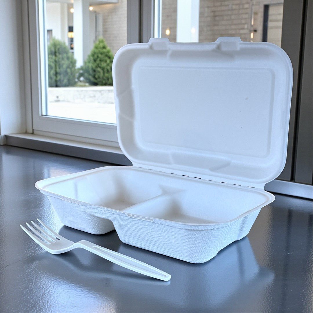 Bagasse 9x6" Clamshell Box With 2 Compartments Open - Propus Packaging 