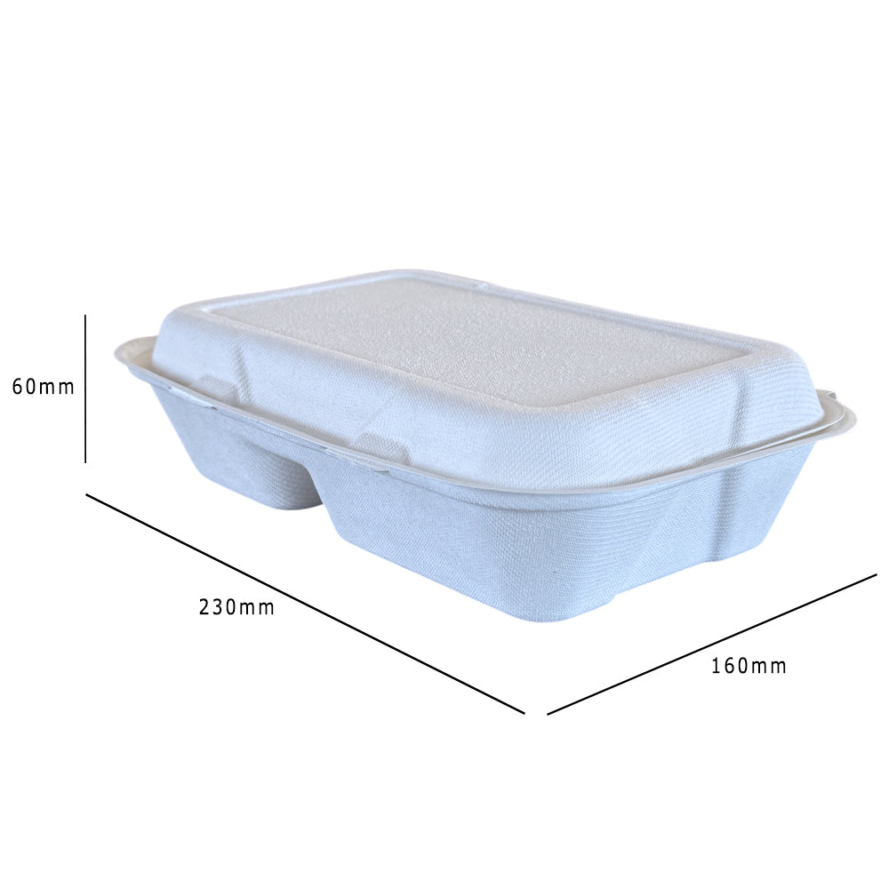 Bagasse 9x6" Clamshell Box With 2 Compartments Dimensions - Propus Packaging