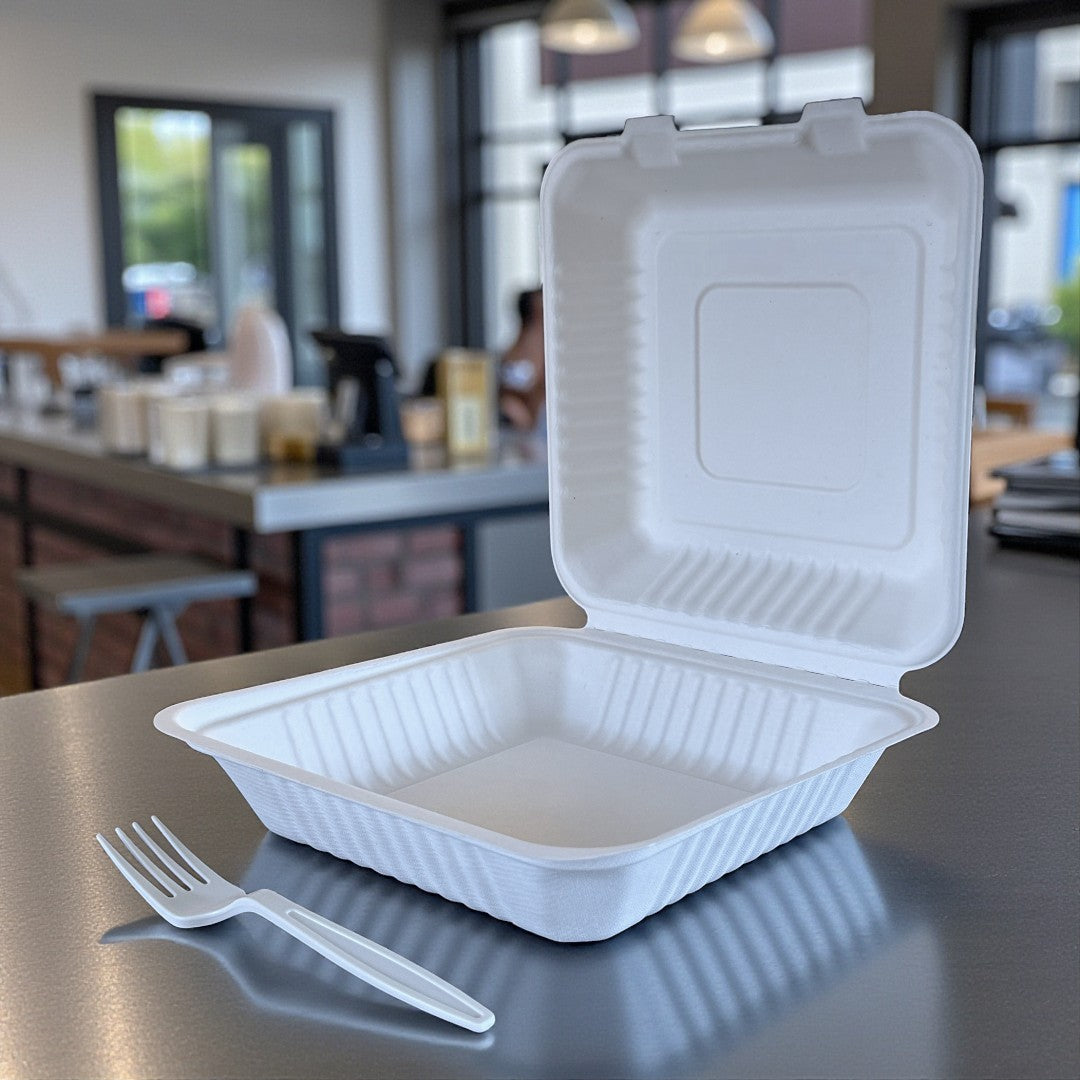 Bagasse 9x9" Clamshell Meal Box Open - Propus Packaging