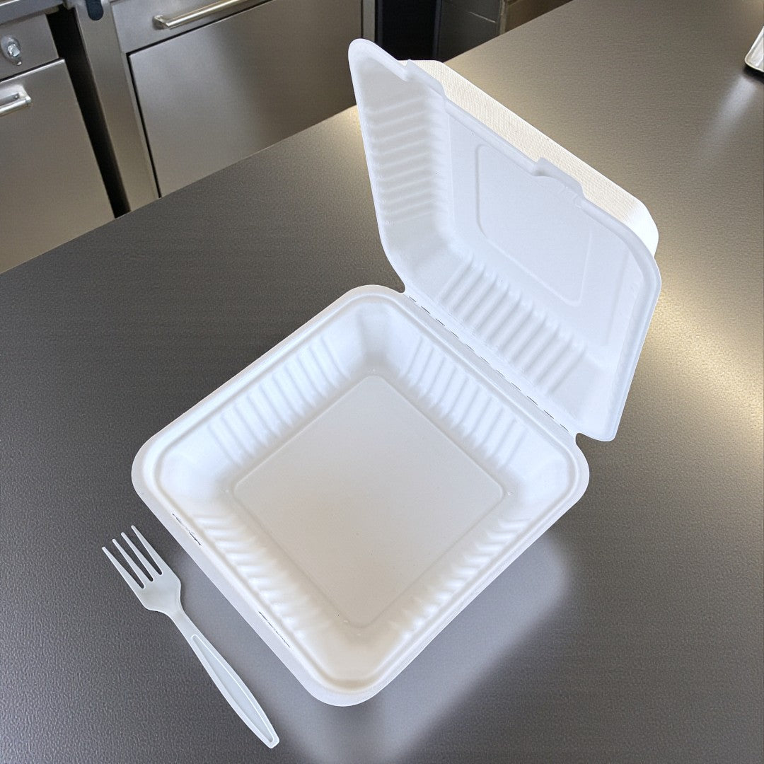 Bagasse 9x9" Clamshell Meal Box Overview - Propus Packaging
