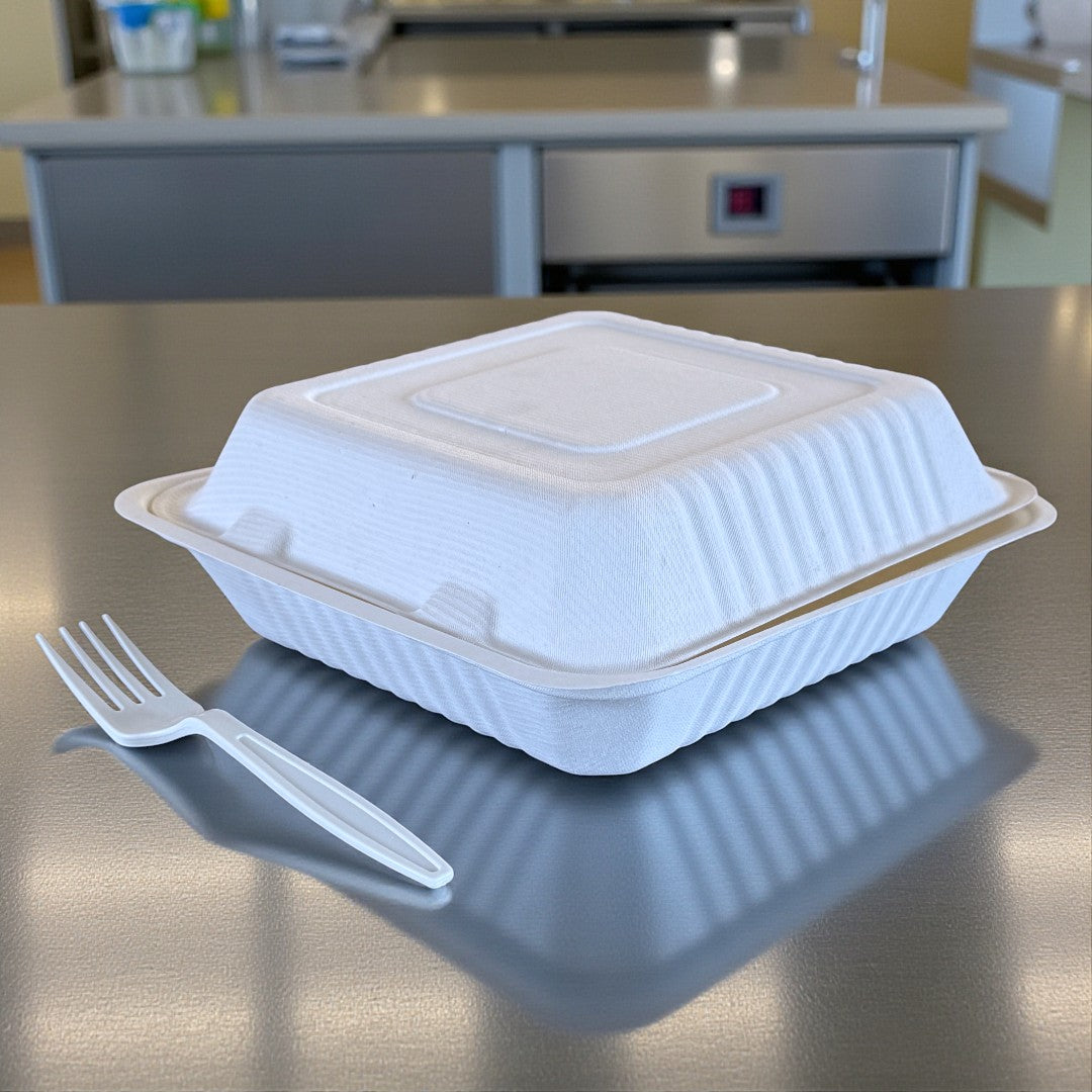 Bagasse 9x9" Clamshell Meal Box Closed - Propus Packaging