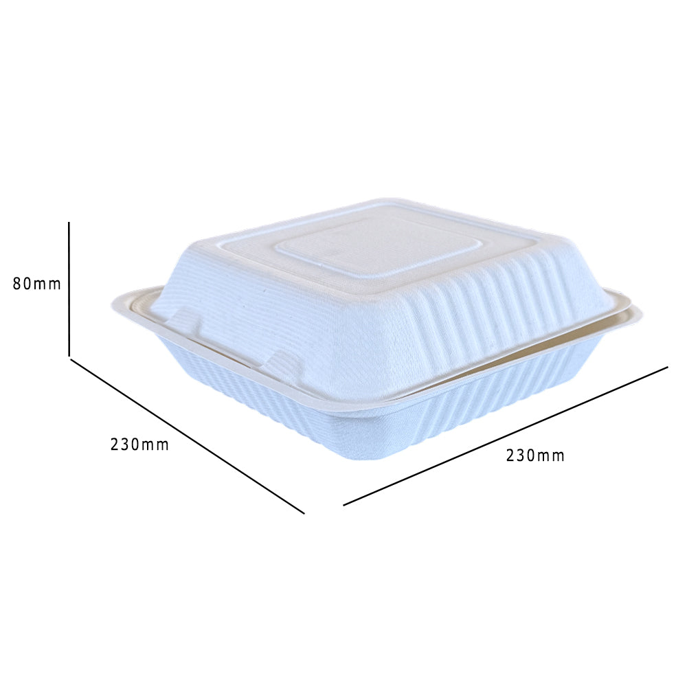 Bagasse 9x9" Clamshell Meal Box Dimensions - Propus Packaging
