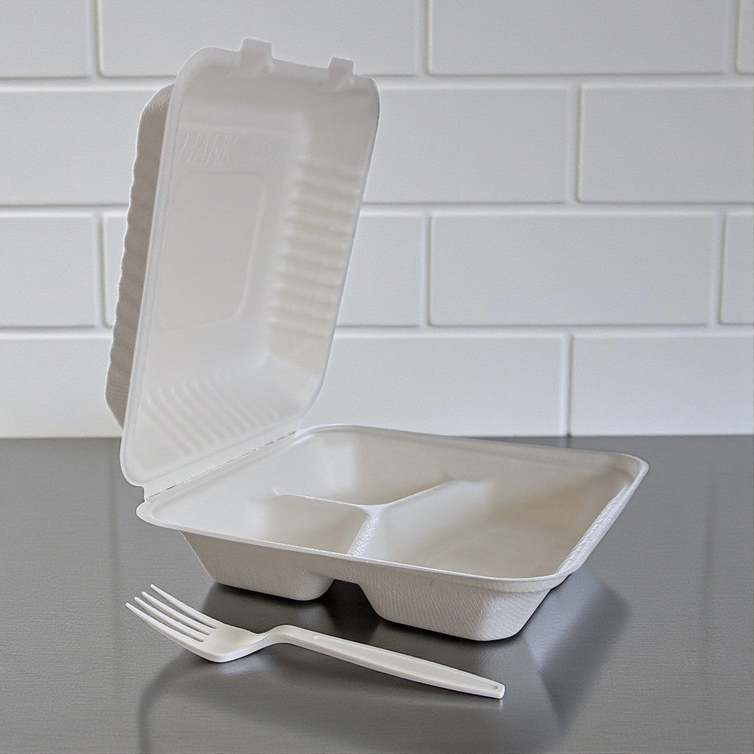 Bagasse 9x9 Clamshell Meal Box With 3 Compartments Open - Propus Packaging