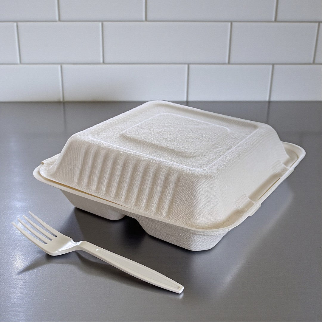 Bagasse 9x9 Clamshell Meal Box With 3 Compartments Closed - Propus Packaging