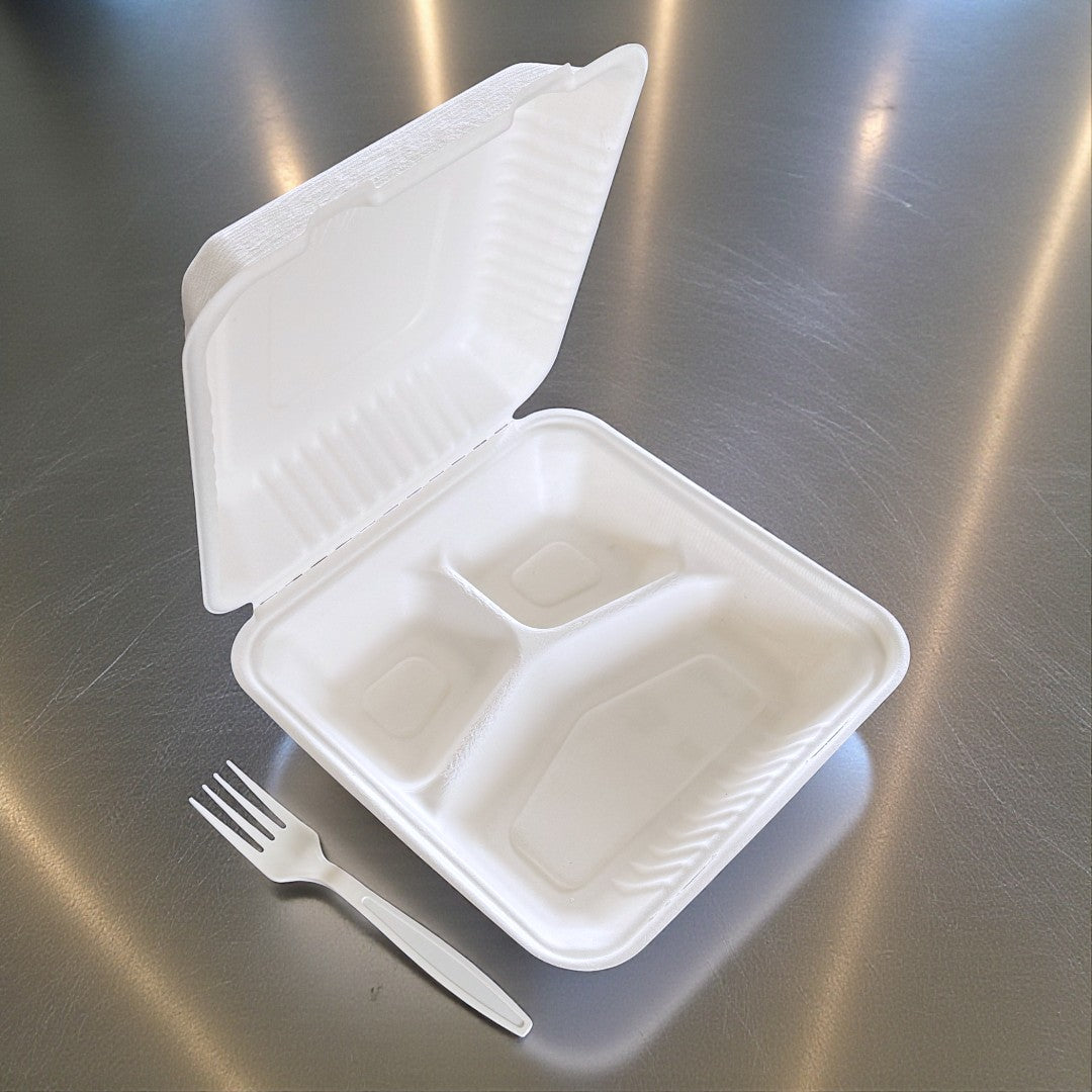 Bagasse 9x9 Clamshell Meal Box With 3 Compartments Overview - Propus Packaging