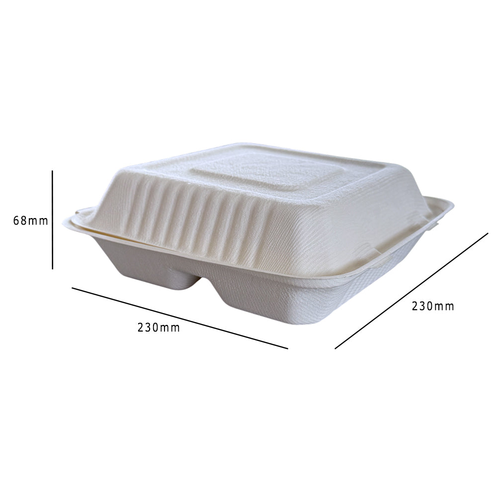 Bagasse 9x9 Clamshell Meal Box With 3 Compartments Dimensions - Propus Packaging