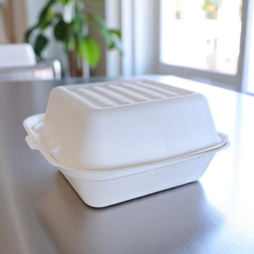Bagasse Clamshell Burger Box 152x152x78mm Closed - Propus Packaging