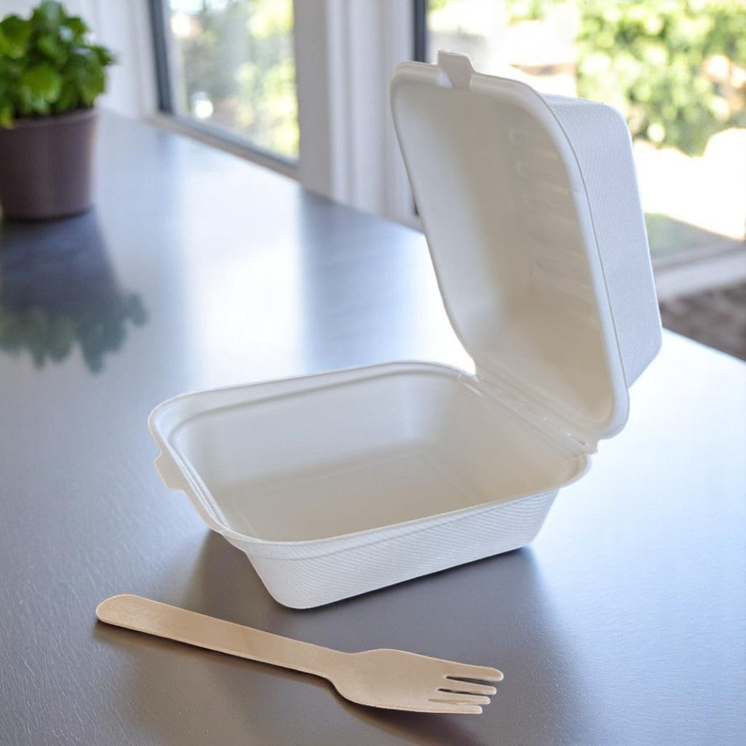 Bagasse Clamshell Burger Box 152x152x78mm Open - Propus Packaging