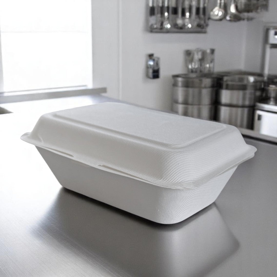 Bagasse Clamshell Meal Box 185x134x65mm Closed - Propus Packaging