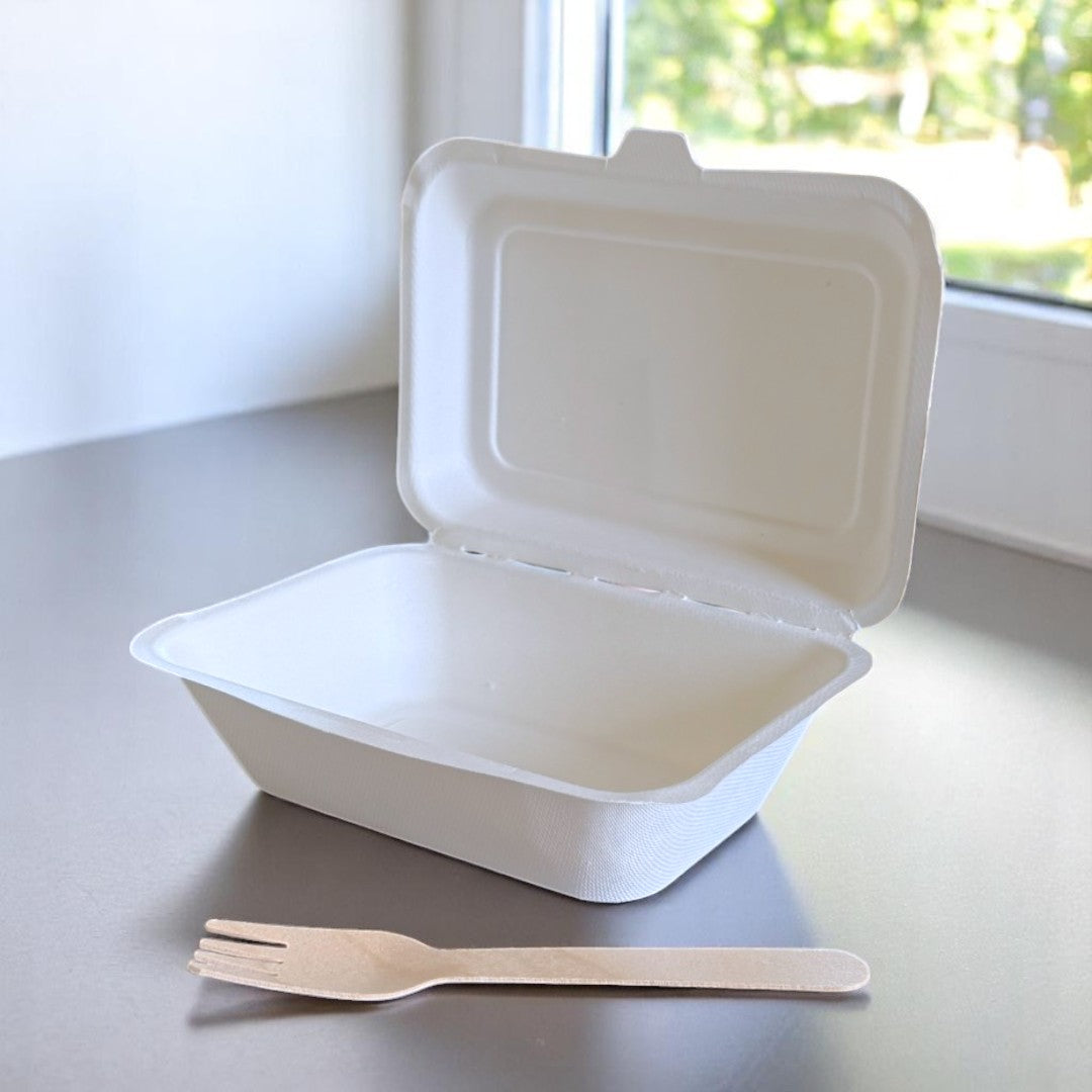 Bagasse Clamshell Meal Box 185x134x65mm Open - Propus Packaging