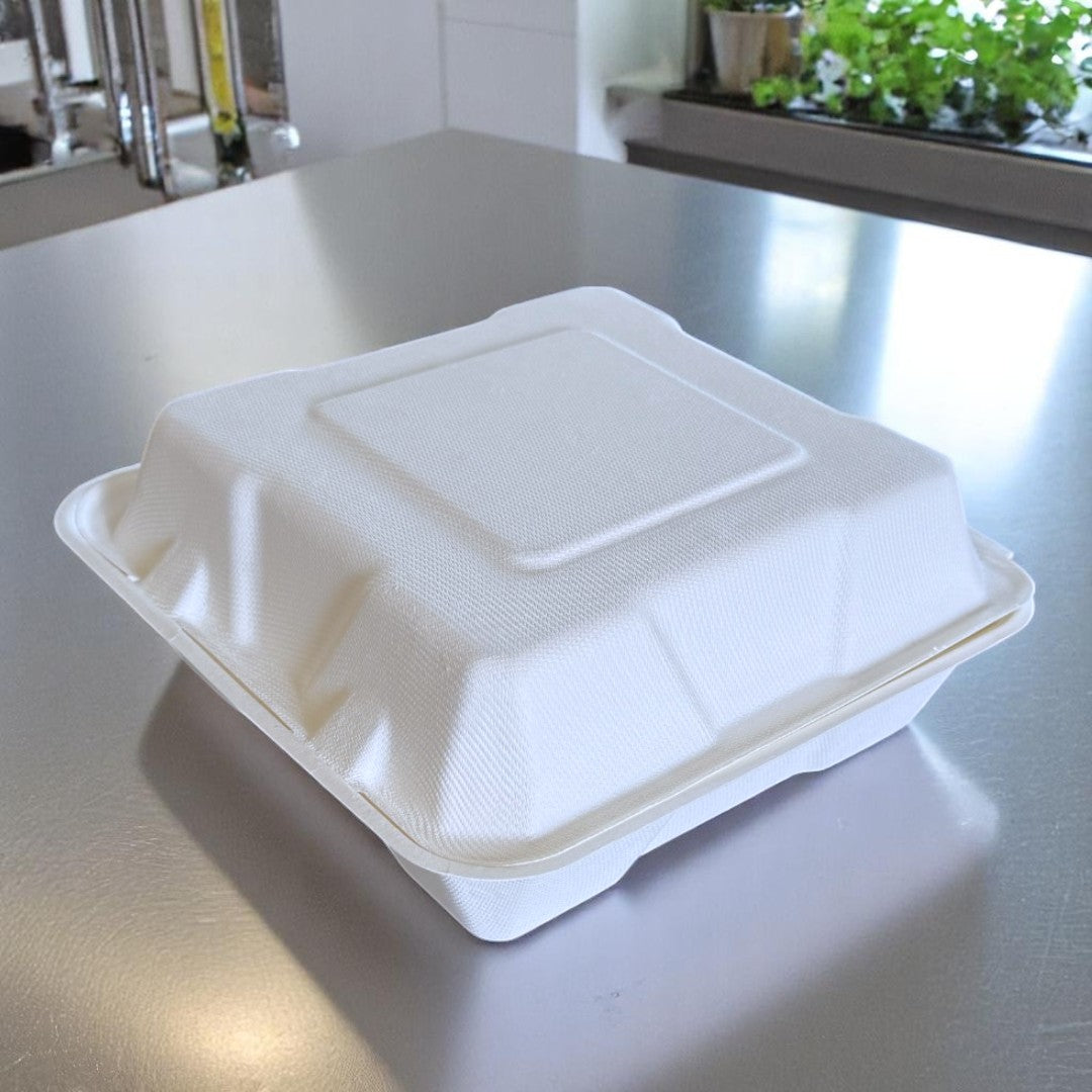Bagasse Clamshell Meal Box 205x205x80mm Closed - Propus Packaging