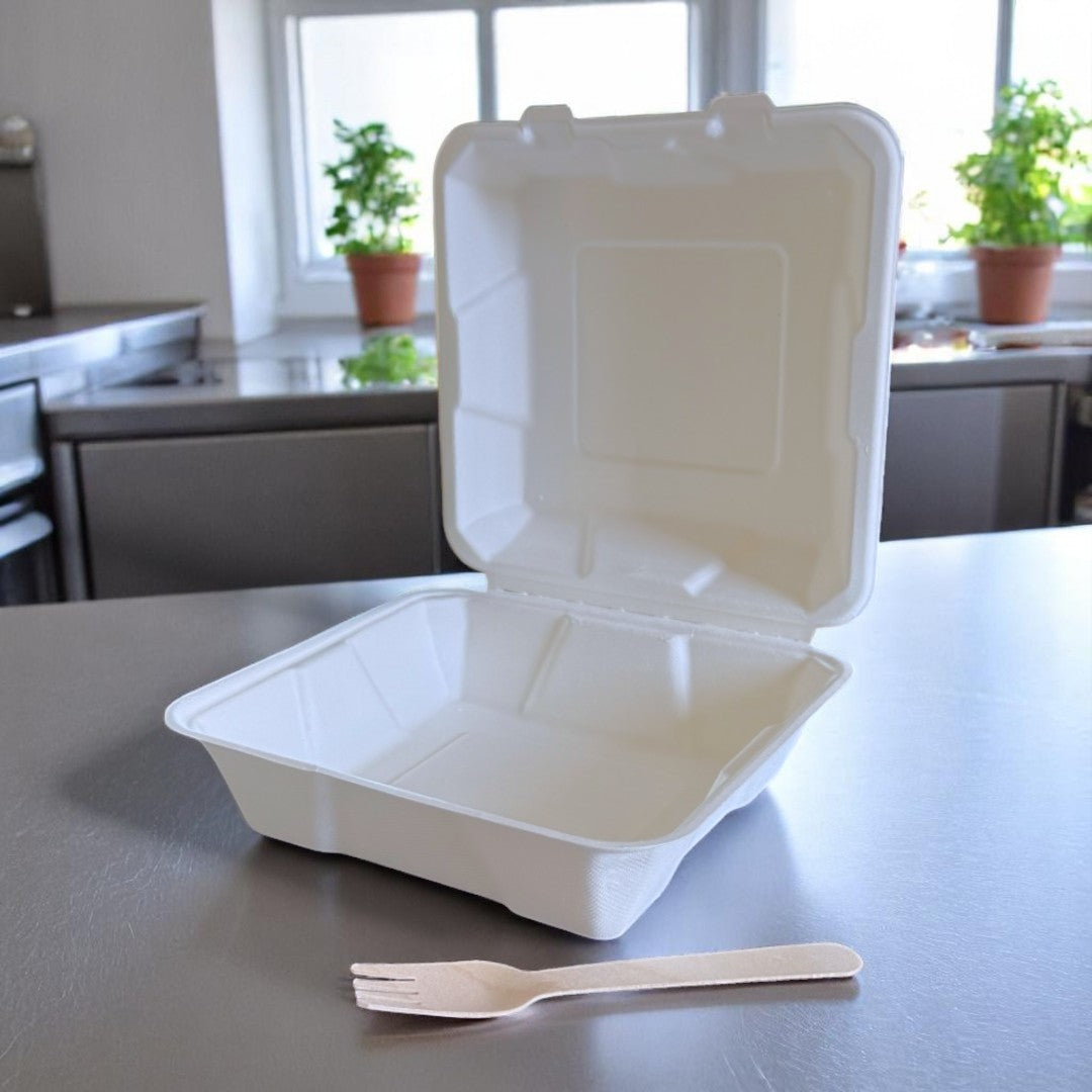 Bagasse Clamshell Meal Box 205x205x80mm Open - Propus Packaging