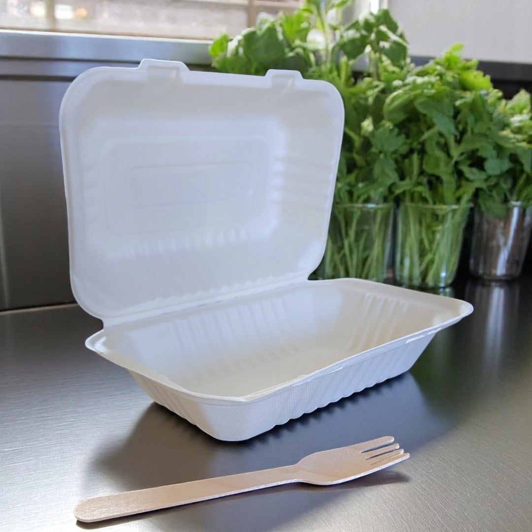 Bagasse Clamshell Meal Box 230x155x78mm Open - Propus Packaging