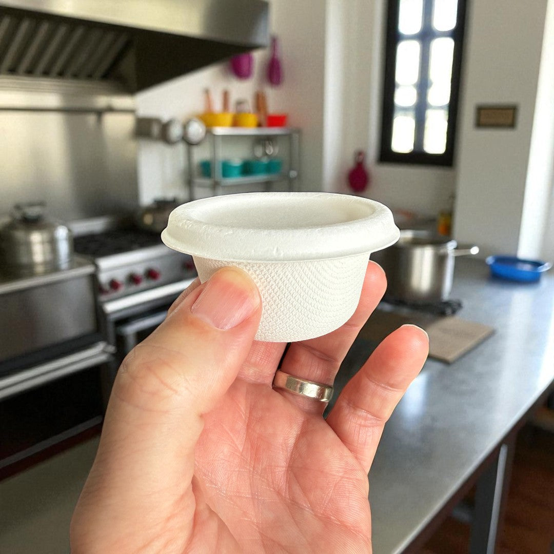 Bagasse White 2oz Portion Pot With Lid Lifestyle - Propus Packaging