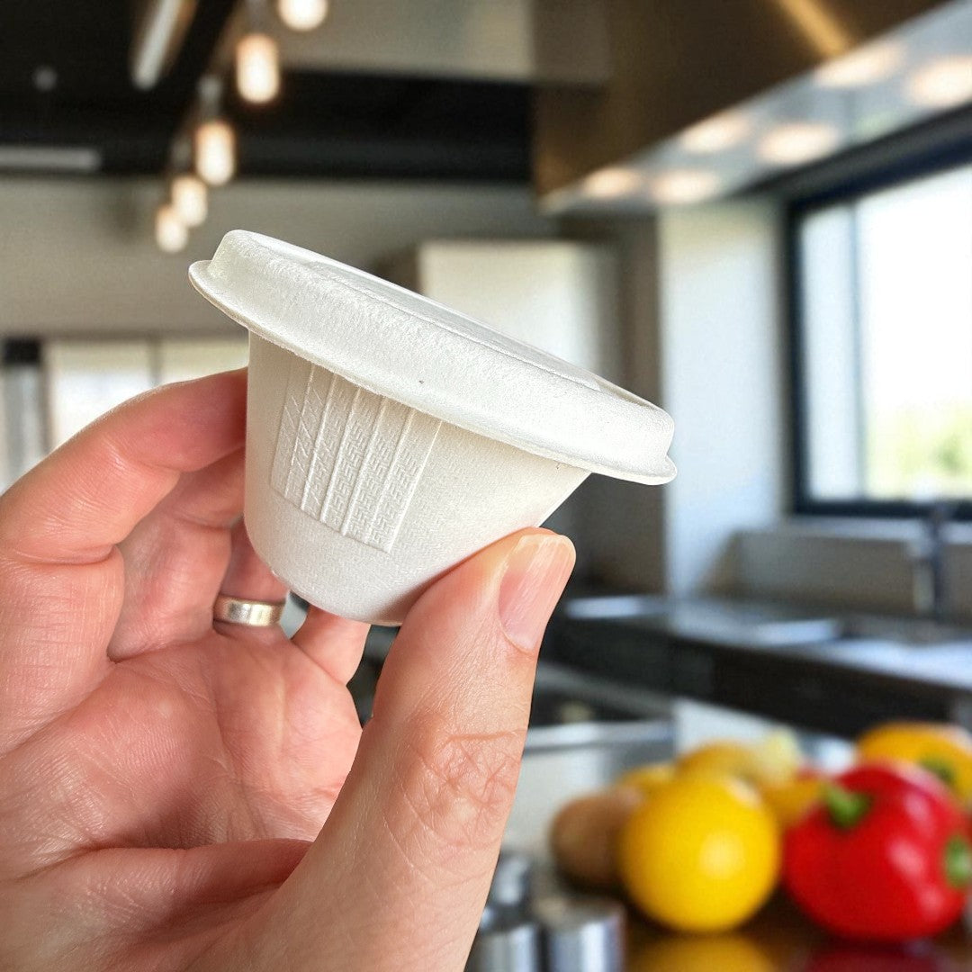 Bagasse White 4oz Portion Pot With Lid Lifestyle - Propus Packaging