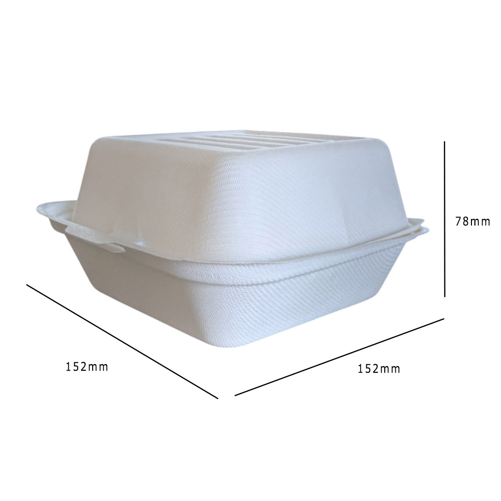 Bagasse Clamshell Burger Box 152x152x78mm Dimensions - Propus Packaging