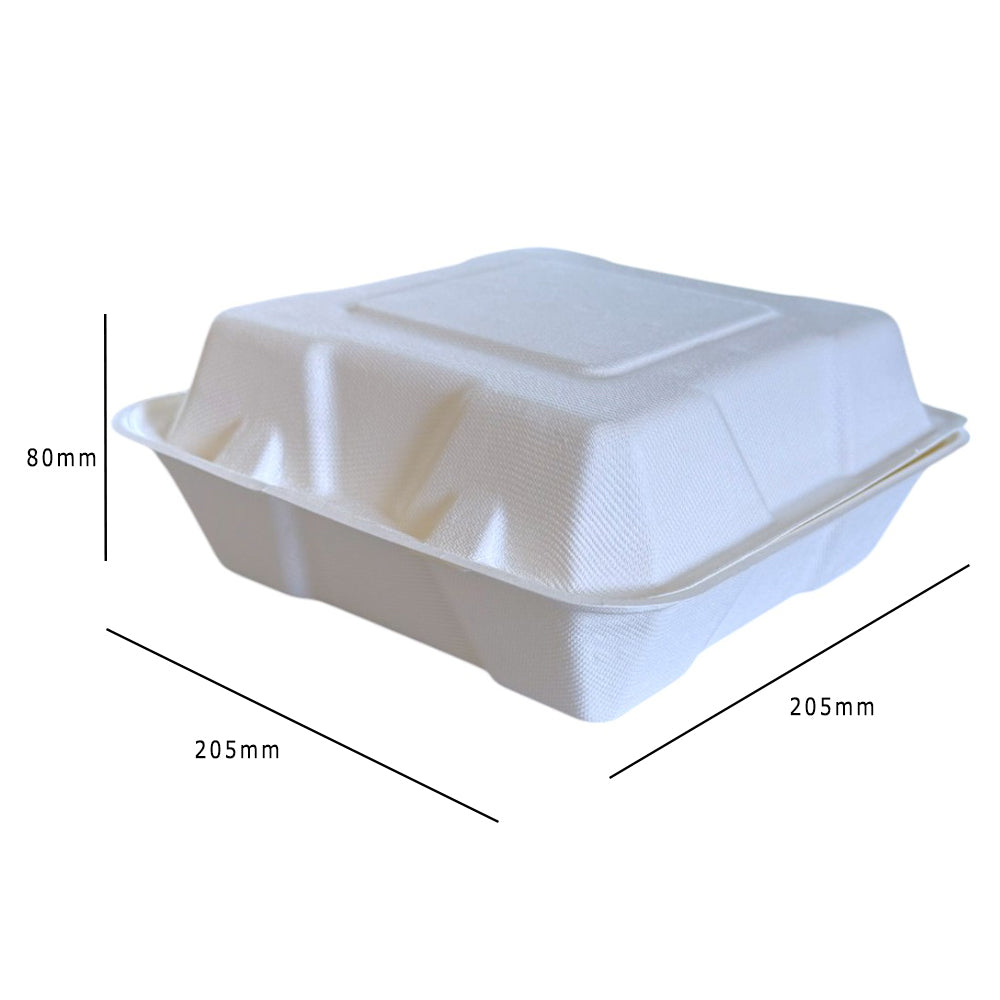 Bagasse Clamshell Meal Box 205x205x80mm Dimensions - Propus Packaging