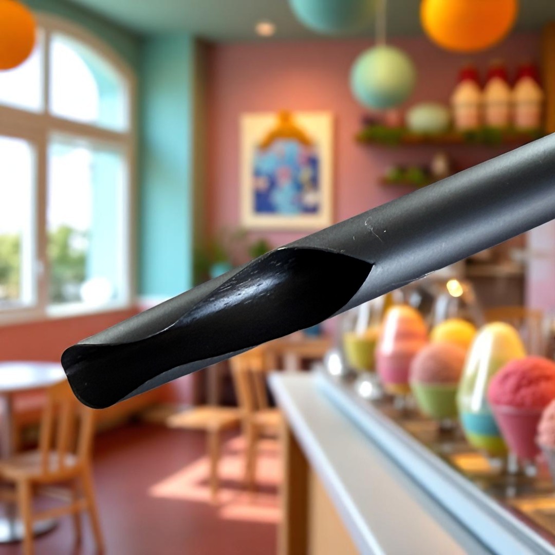 Straight Biodegradable PLA Black Spoon Straw 229x8mm Lifestyle - Propus Packaging