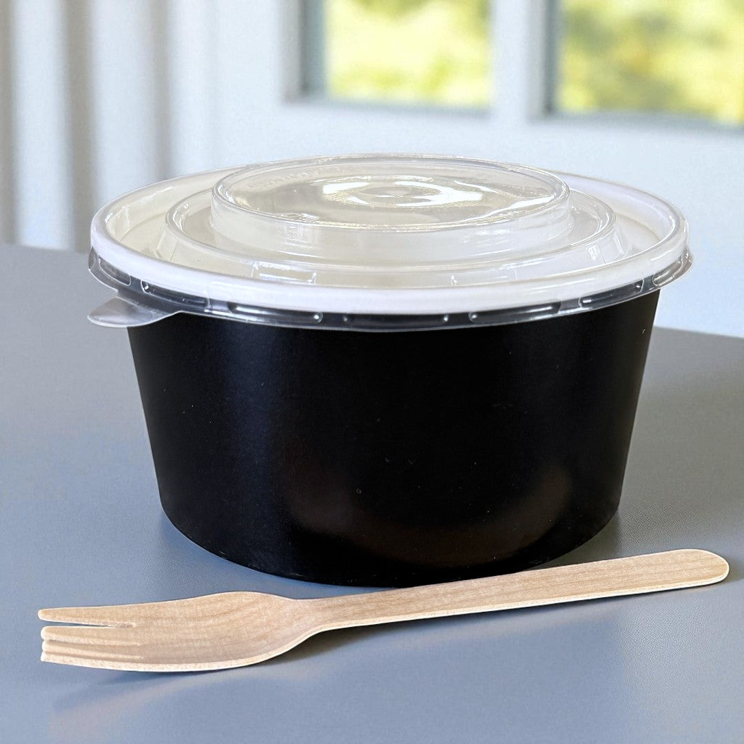 Black 1000ml Round Bowl With Clear PP Lid Side - Propus Packaging