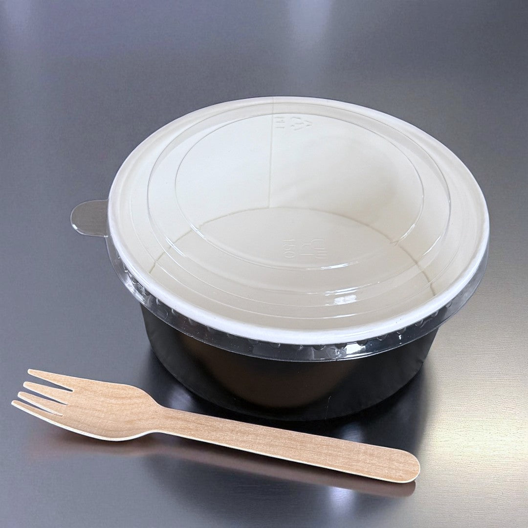 Black 1000ml Round Bowl With Clear RPET Lid Overhead - Propus Packaging