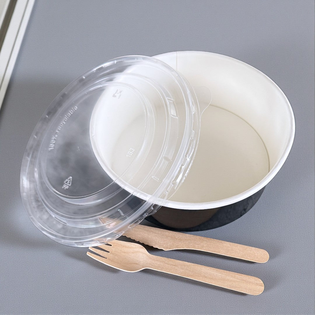 Black 1300ml Round Bowl With Clear PP Lid Open - Propus Packaging