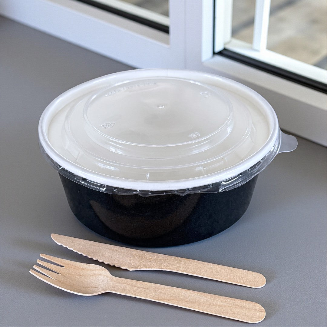 Black 1300ml Round Bowl With Clear PP Lid Overview - Propus Packaging