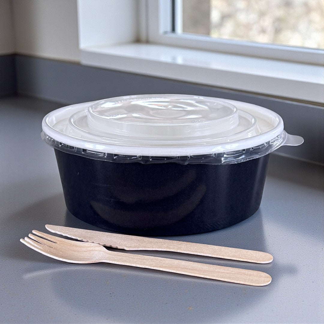 Black 1300ml Round Bowl With Clear PP Lid - Propus Packaging