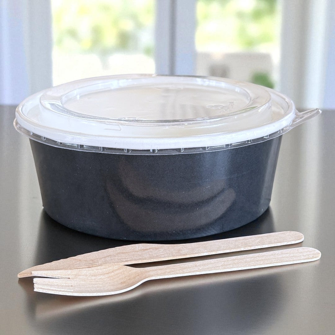Black 1300ml Round Bowl With Clear RPET Lid Side - Propus Packaging
