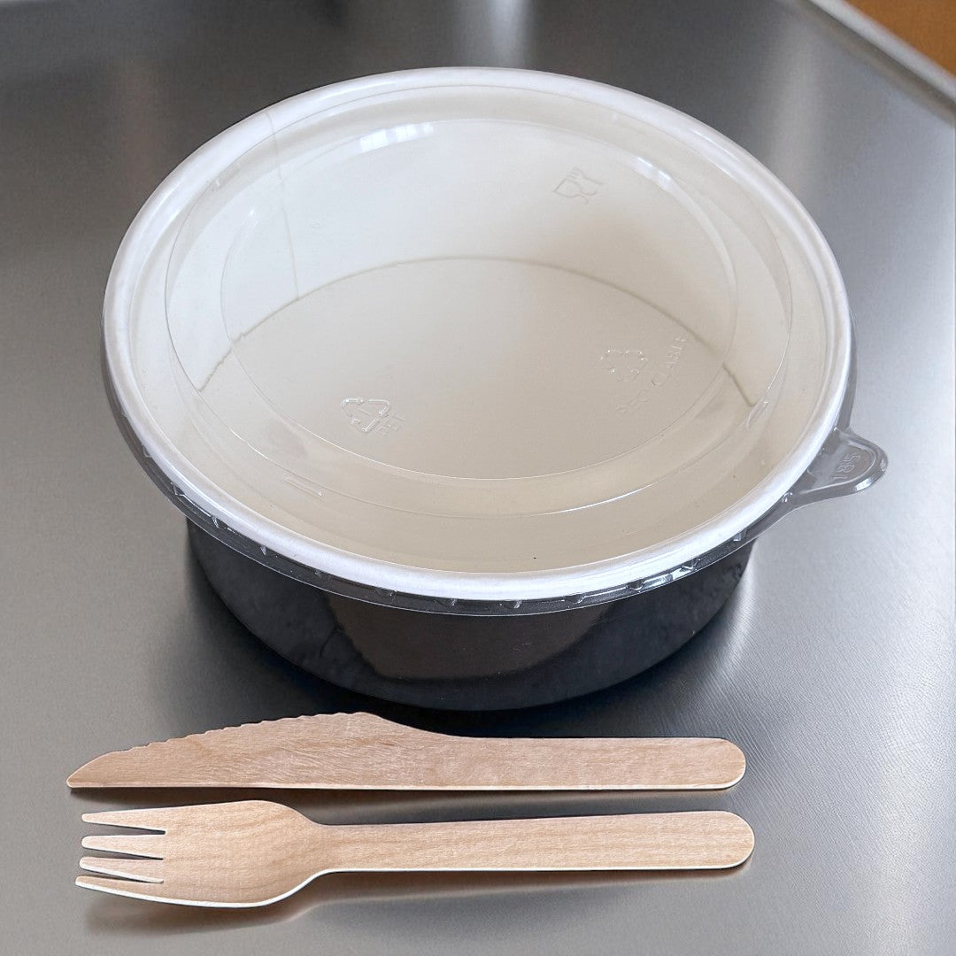 Black 1300ml Round Bowl With Clear RPET Lid Overhead - Propus Packaging