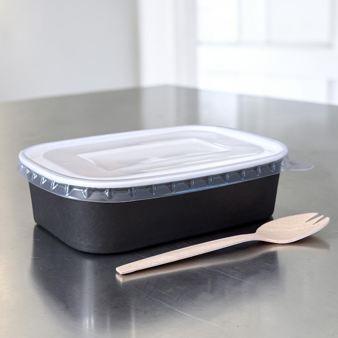 Black 500ml Rectangular Bowl With Clear PP Lid Side - Propus Packaging