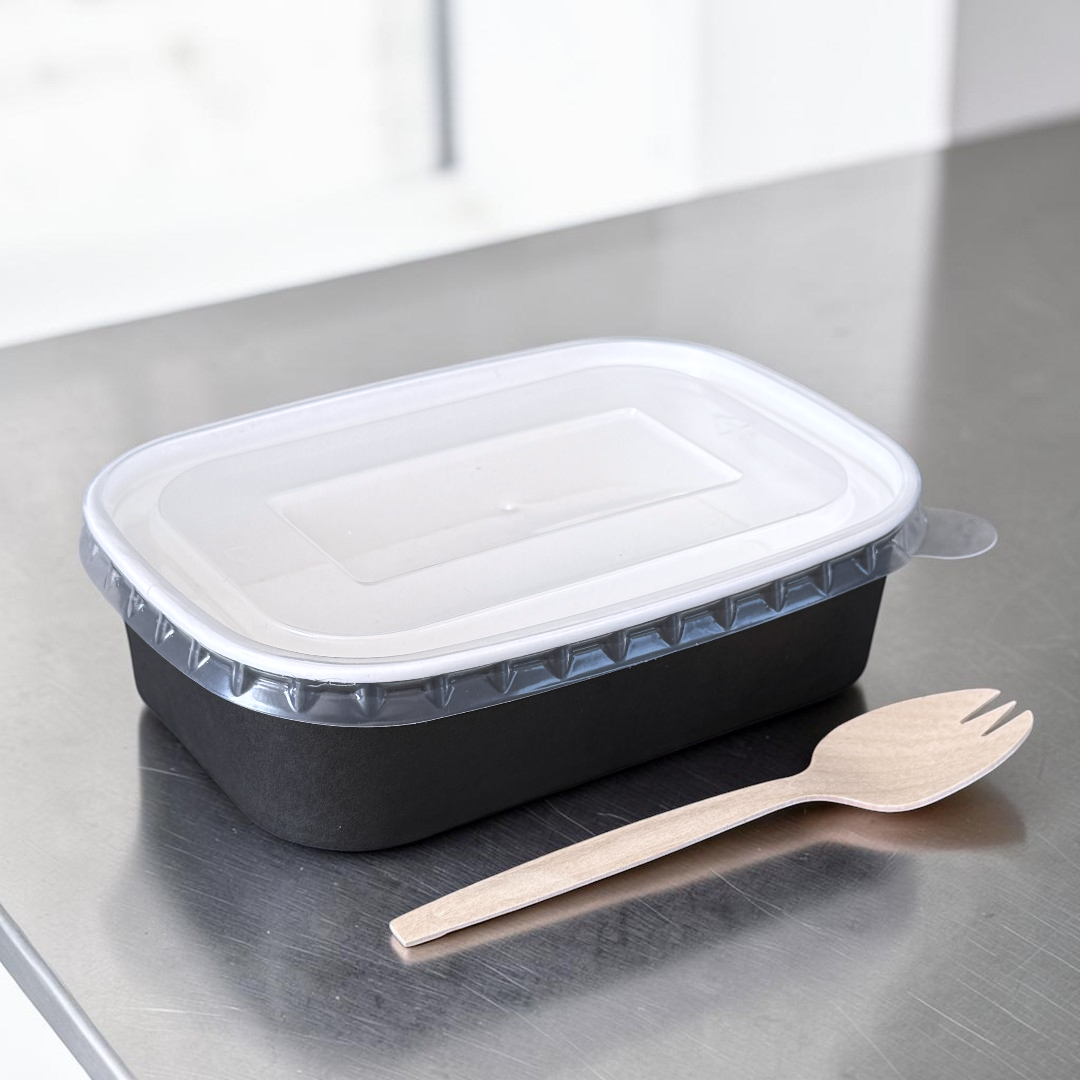 Black 500ml Rectangular Bowl With Clear PP Lid - Propus Packaging