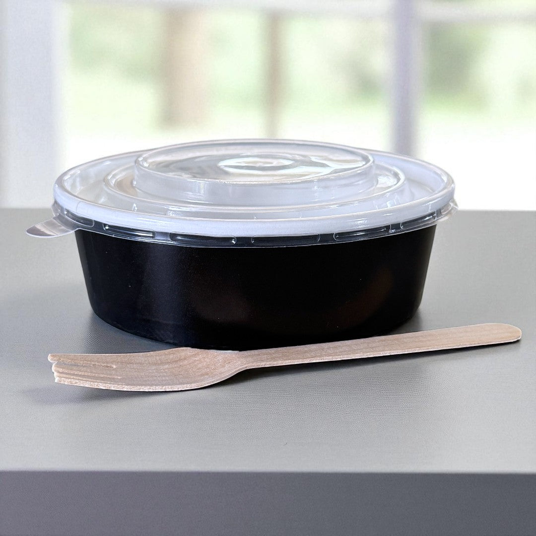 Black 500ml Round Bowl With Clear PP Lid Side - Propus Packaging