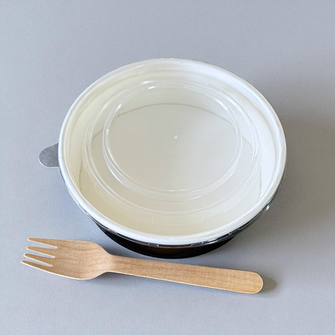 Black 500ml Round Bowl With Clear PP Lid Overhead - Propus Packaging