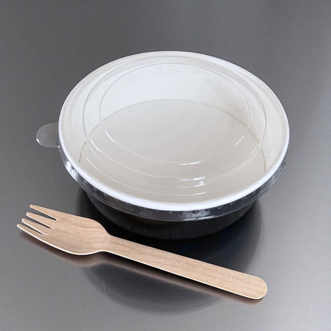 Black 500ml Round Bowl With Clear RPET Lid Overhead - Propus Packaging