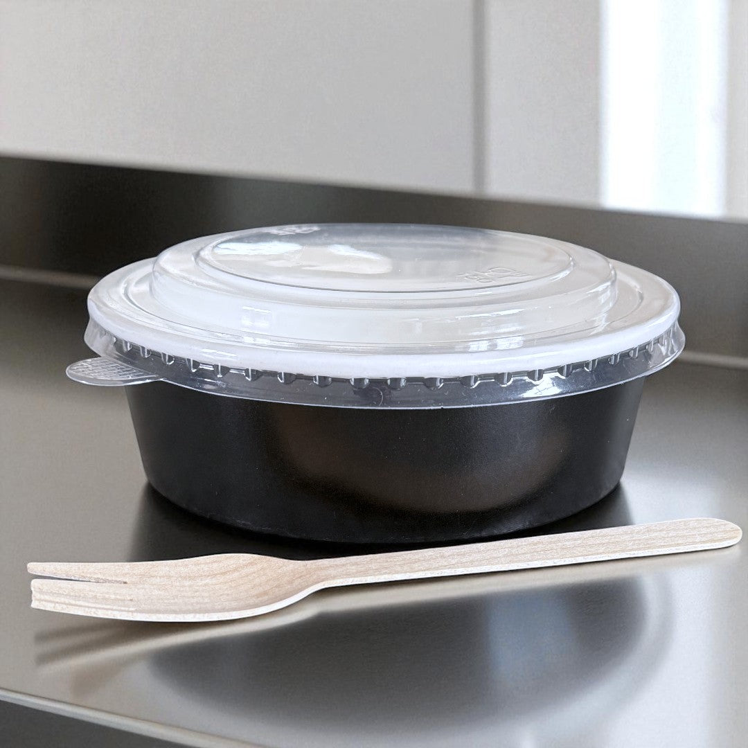 Black 500ml Round Bowl With Clear RPET Lid Side - Propus Packaging