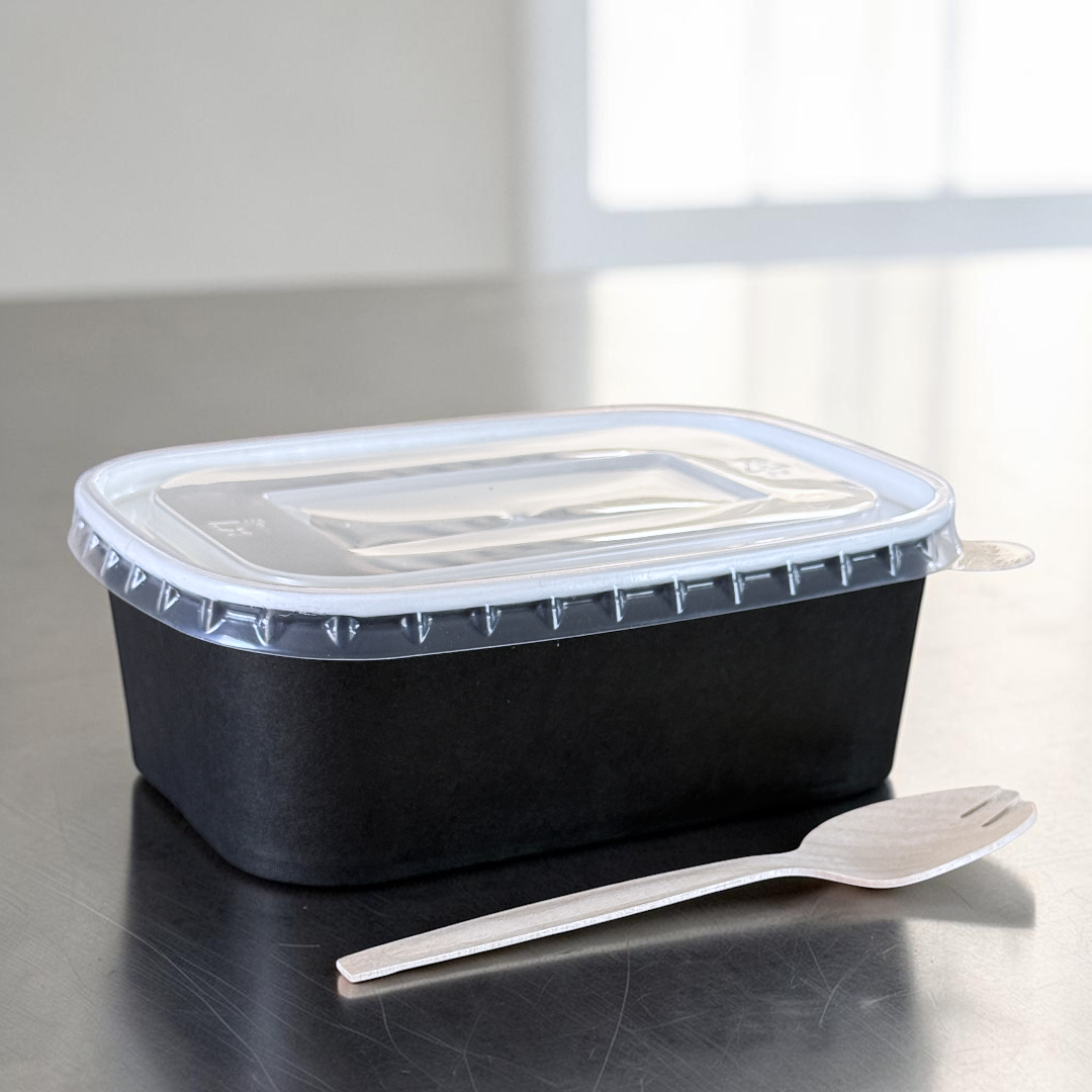 Black 750ml Rectangular Bowl With Clear PP Lid Side - Propus Packaging