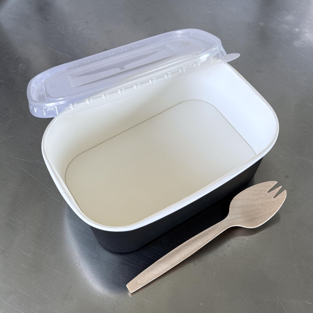 Black 750ml Rectangular Bowl With Clear PP Lid Overhead - Propus Packaging