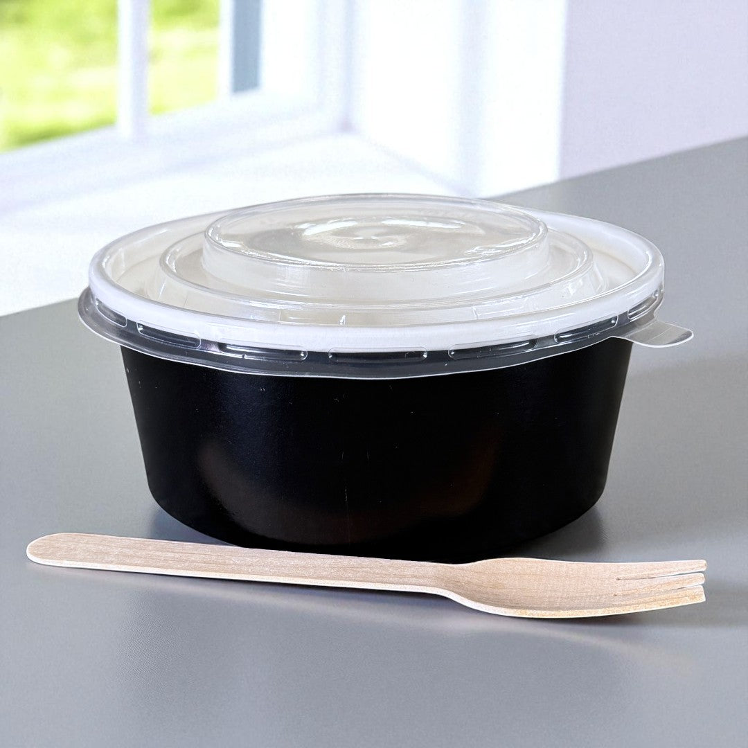 Black 750ml Round Bowl With Clear PP Lid Side - Propus Packaging