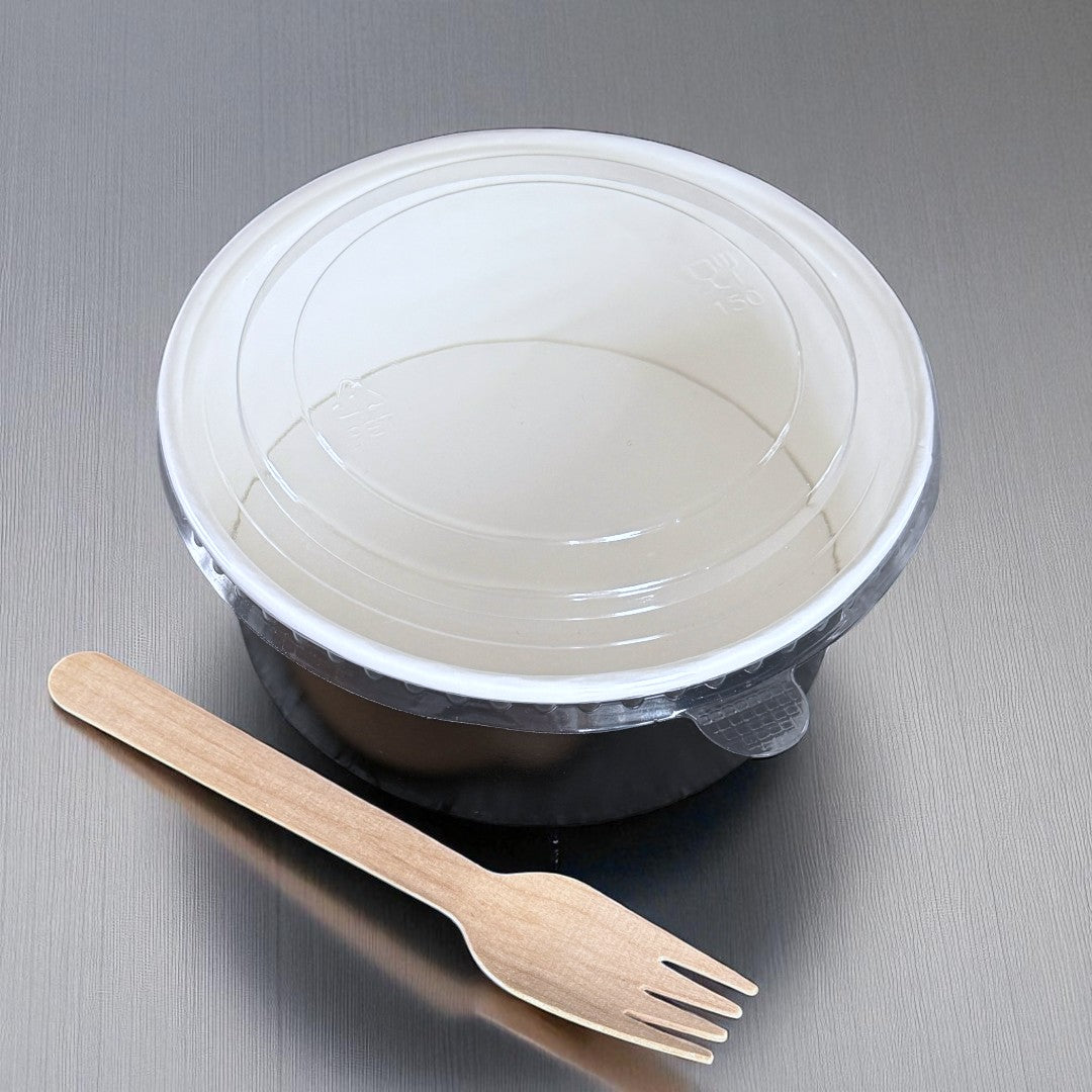 Black 750ml Round Bowl With Clear RPET Lid Overhead - Propus Packaging
